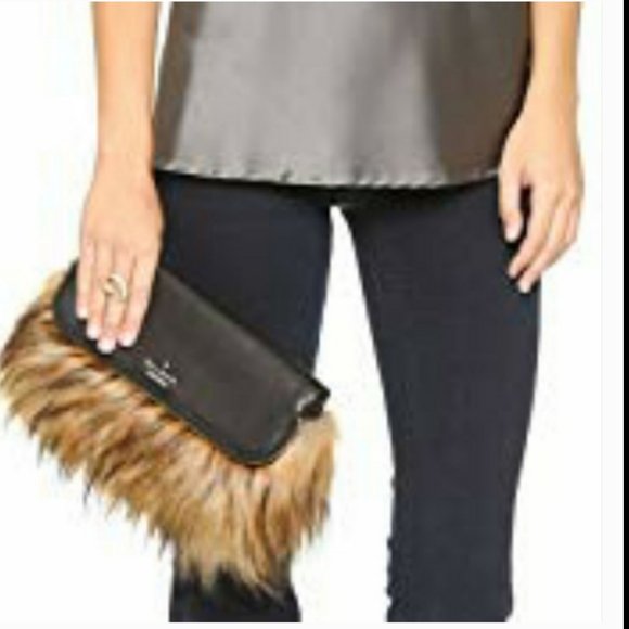 kate spade evening belles steffe faux fur pink black leather clutch purse bag - Picture 2 of 16